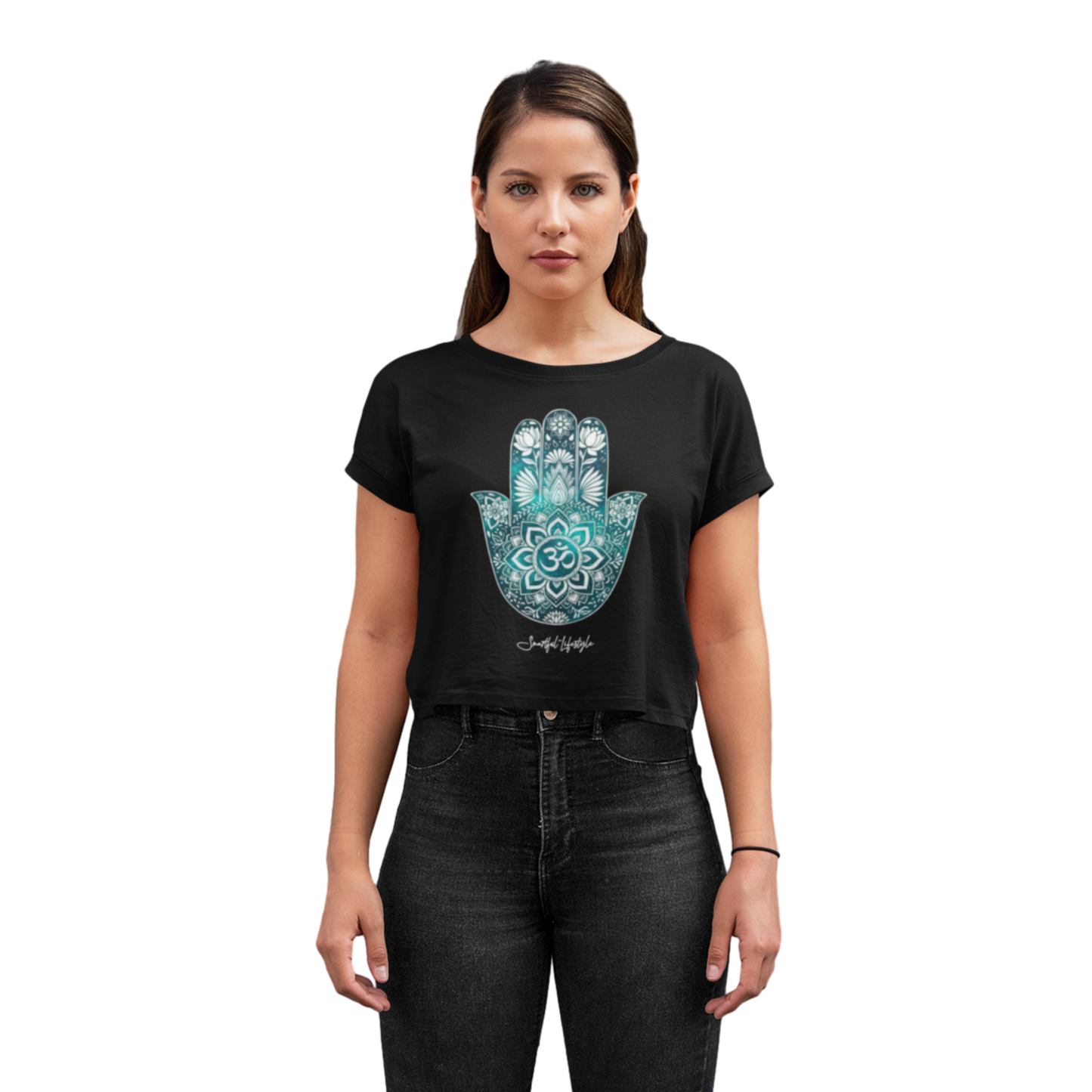 Cropped T-Shirt (for Women) | Hamsa Om Balance ☆ Green
