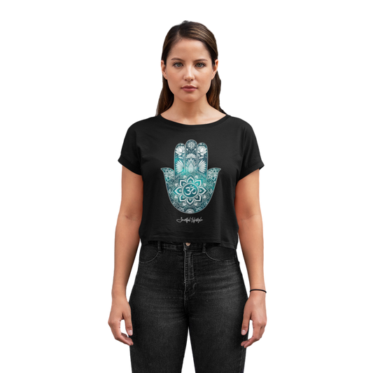 Cropped T-Shirt (for Women) | Hamsa Om Balance ☆ Green