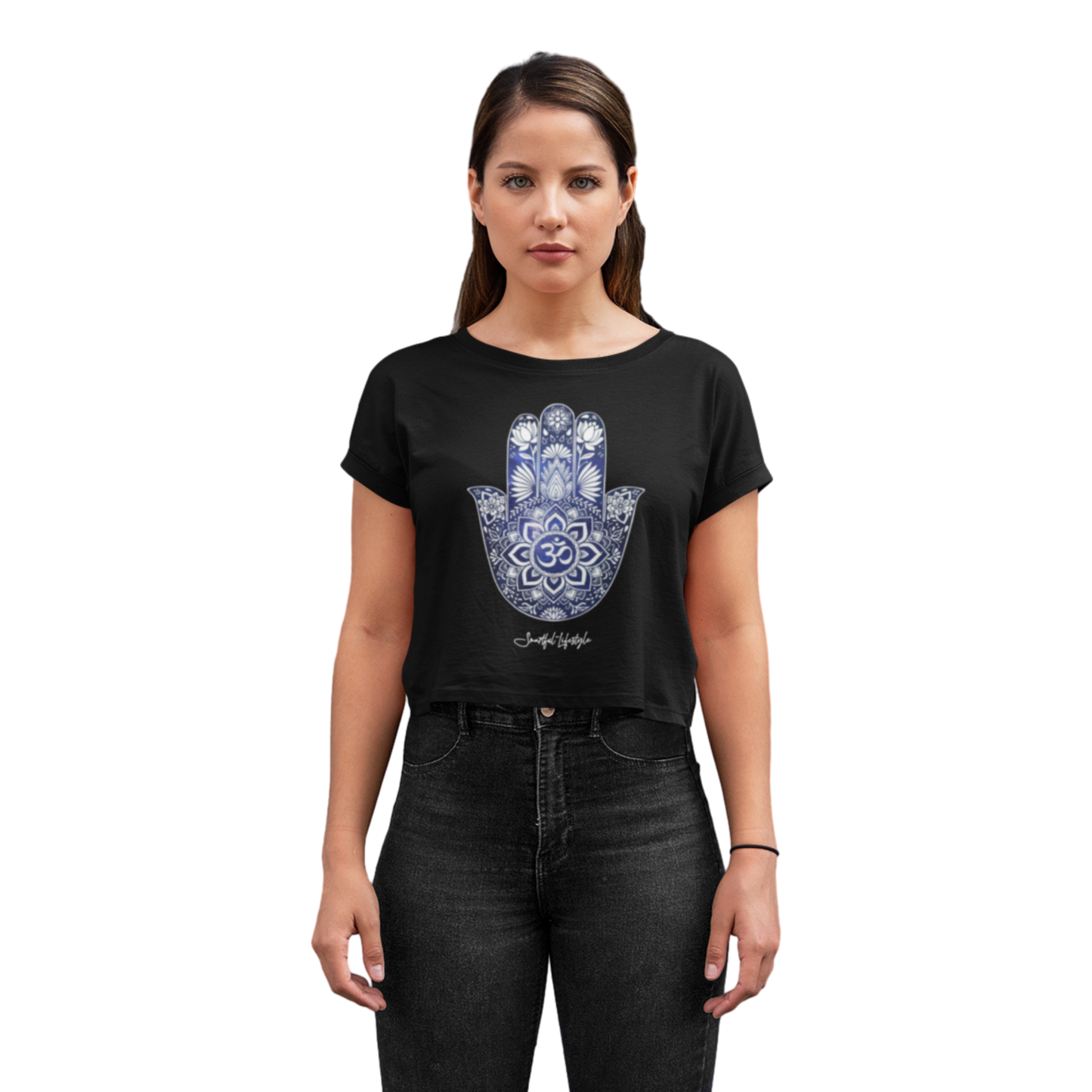 Cropped T-Shirt (for Women) | Hamsa Om Balance