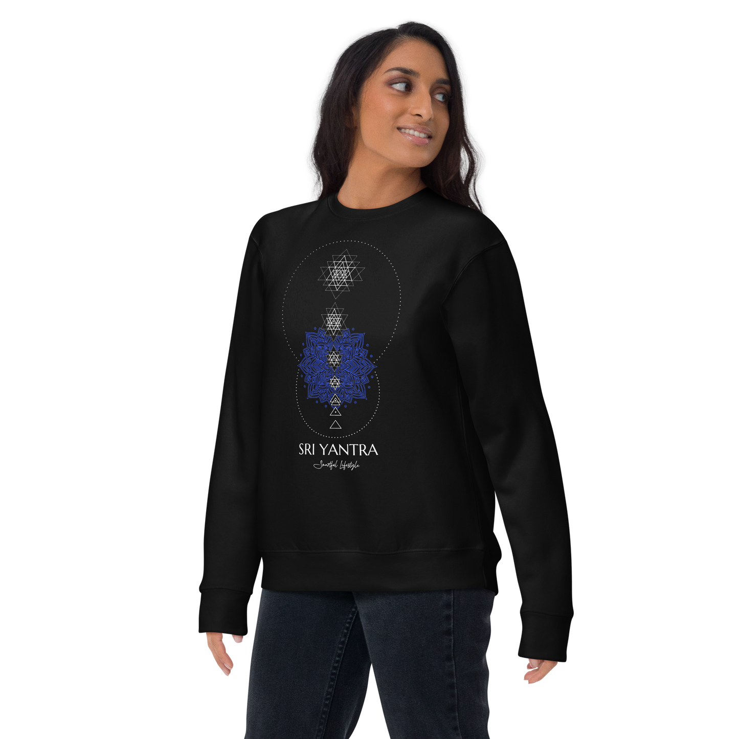 Premium Sweatshirt | Sri Yantra – Bewusstsein erschafft Realität Blau